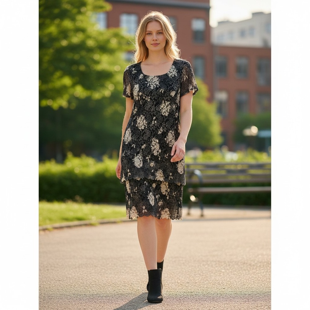 Helene Blake Petite Black Gold Floral Lace Tiered Evening Dress 12P 4232573